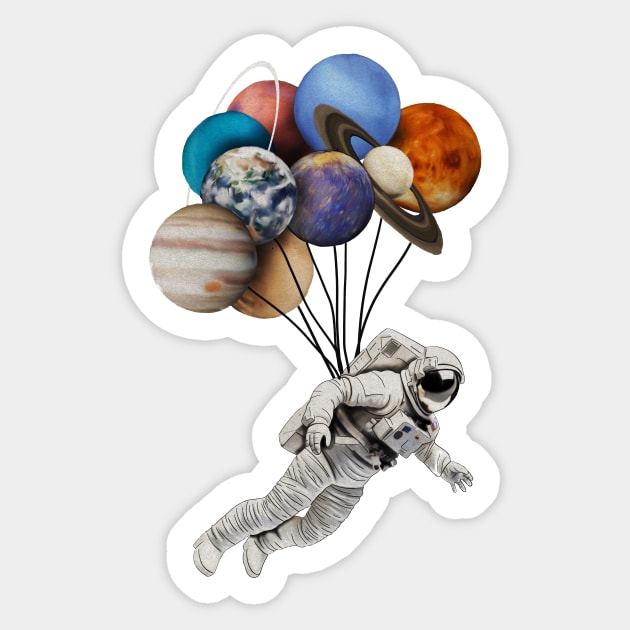 Astronaut Floating with Planets as Balloons Colourful Sticker by logiamerch